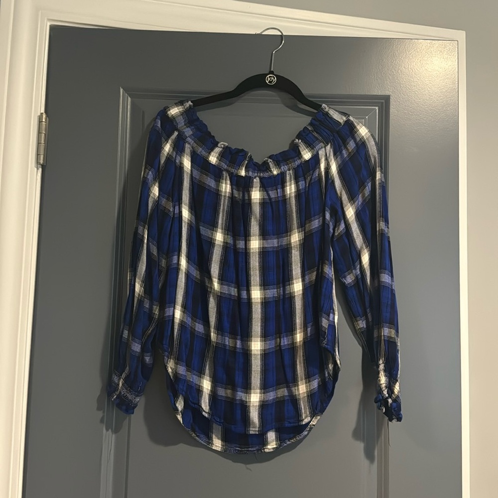 Sanctuary Blue, Black, and White Plaid Off the Shoulder Top, Size Small